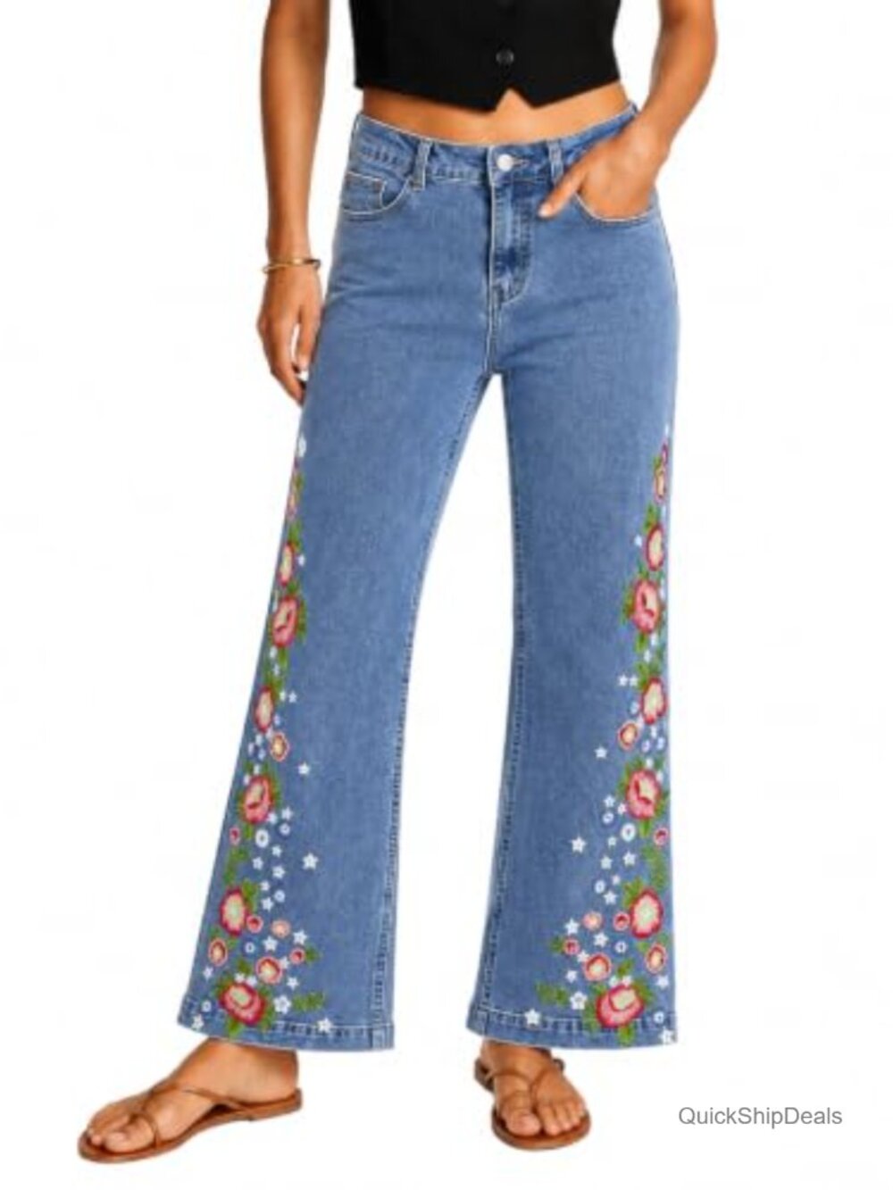 Embroidered Flare Jeans Mid Rise Stretch Wide Leg Boho Denim Pants